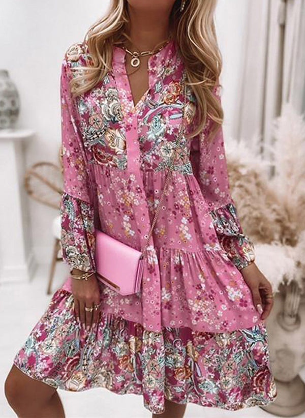 Floral V Neckline 3/4 Sleeves Above Knee A line Dress m161507179 (5826