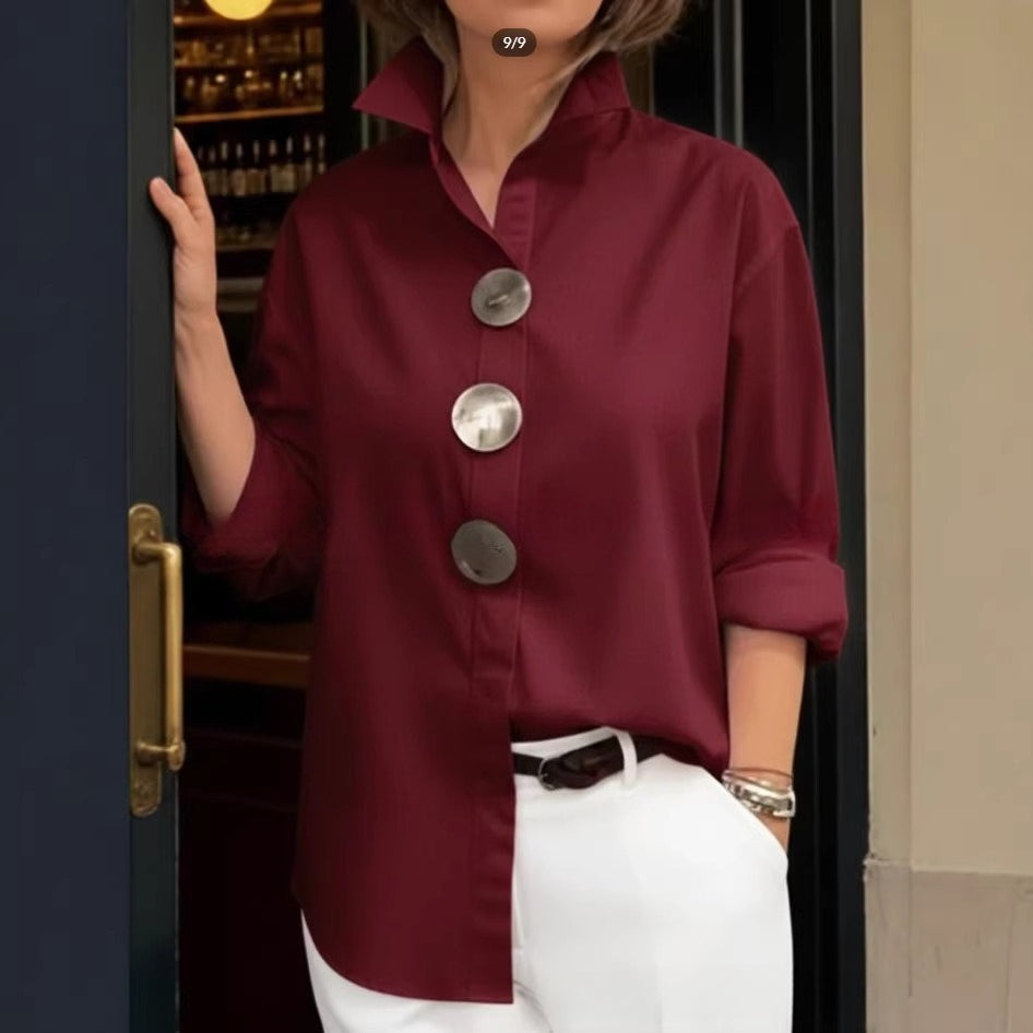 Summer new solid color stand-up collar metal button-down long-sleeved ...