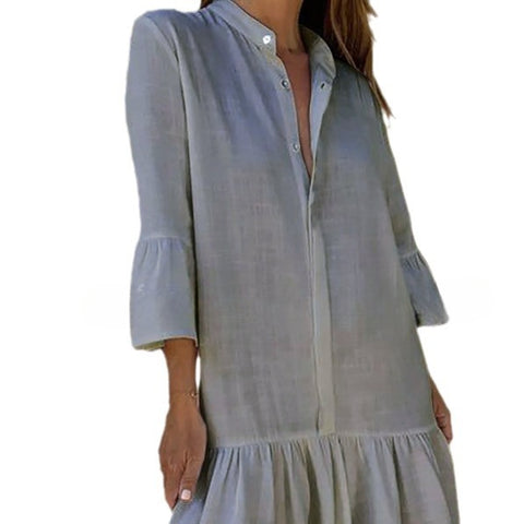 Frühlings- und Sommerkleid aus reiner Baumwolle und Leinen mit Stehkragen und einfarbigem Rüschensaum, m300724 