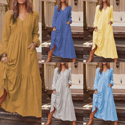 Knopf Baumwolle und Leinen Retro lässig Langarmkleid große Schaukel langes Kleid mehrfarbig m301374 