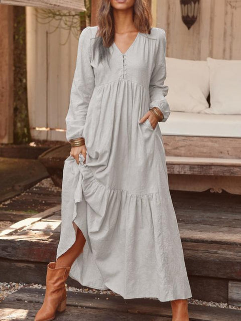 Knopf Baumwolle und Leinen Retro lässig Langarmkleid große Schaukel langes Kleid mehrfarbig m301374 
