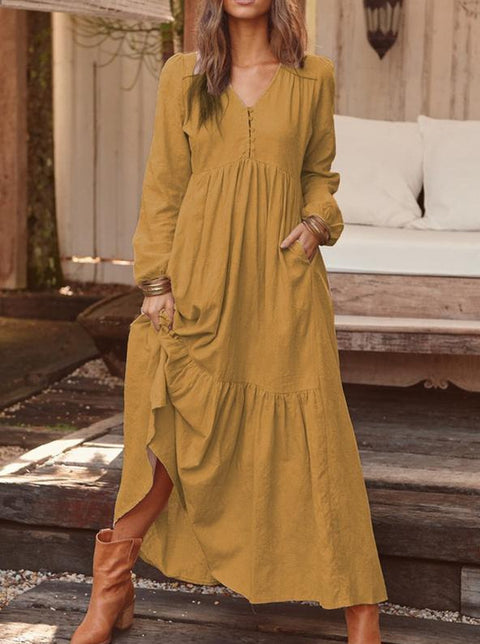 Knopf Baumwolle und Leinen Retro lässig Langarmkleid große Schaukel langes Kleid mehrfarbig m301374 
