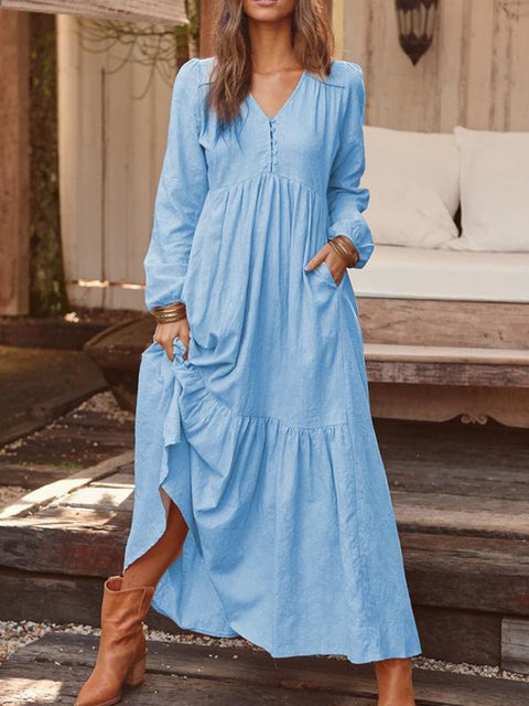 Knopf Baumwolle und Leinen Retro lässig Langarmkleid große Schaukel langes Kleid mehrfarbig m301374 