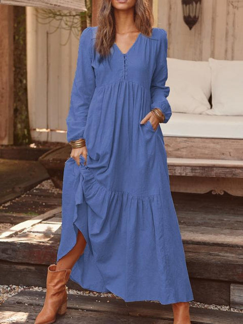Knopf Baumwolle und Leinen Retro lässig Langarmkleid große Schaukel langes Kleid mehrfarbig m301374 
