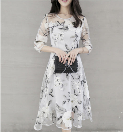 Eugen yarn seven-quarter sleeve crew neck fashion medium and long women's big swing skirt FF303506