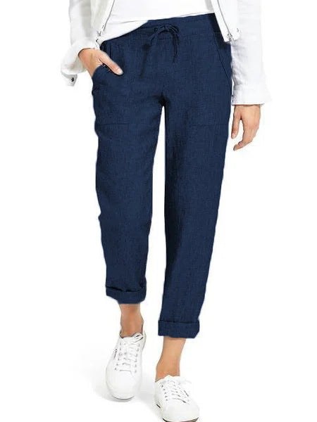 Drawstring high waist pocket loose large size cotton and linen casual pants women m301567