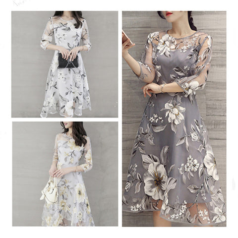 Eugen yarn seven-quarter sleeve crew neck fashion medium and long women's big swing skirt FF303506
