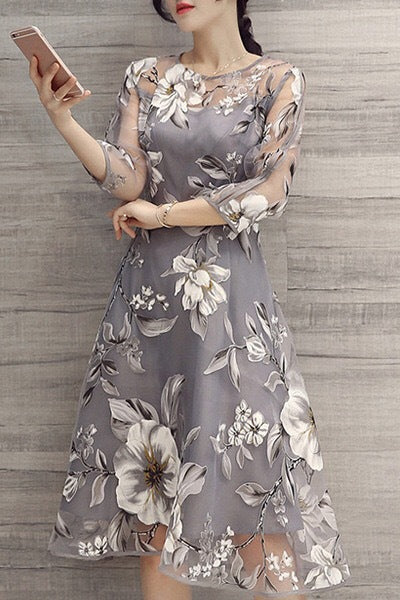 Eugen yarn seven-quarter sleeve crew neck fashion medium and long women's big swing skirt FF303506