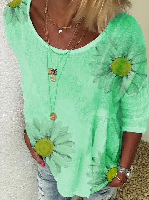 T-shirt col rond manches sept-quarts imprimé chrysanthème pour femme m300893 