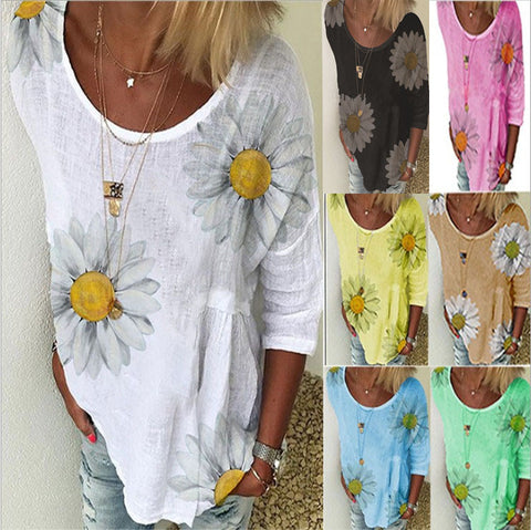 T-shirt col rond manches sept-quarts imprimé chrysanthème pour femme m300893 
