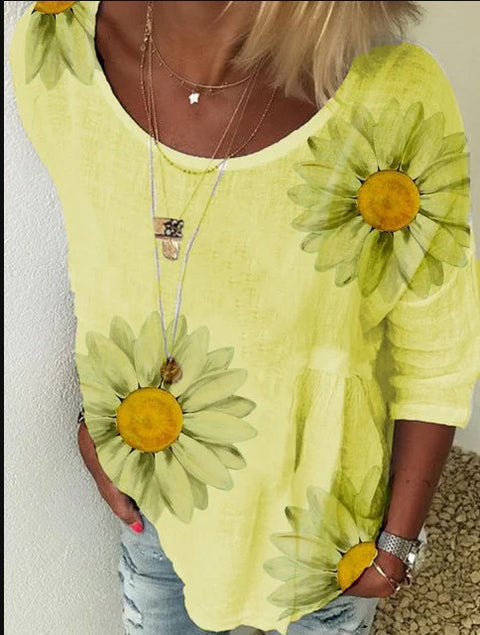 T-shirt col rond manches sept-quarts imprimé chrysanthème pour femme m300893 