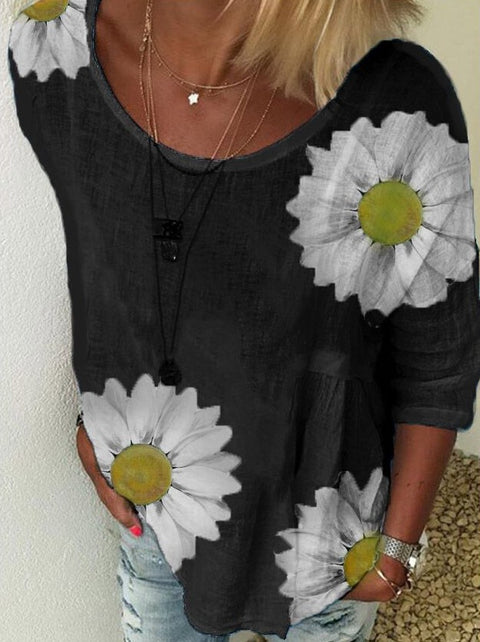 T-shirt col rond manches sept-quarts imprimé chrysanthème pour femme m300893 