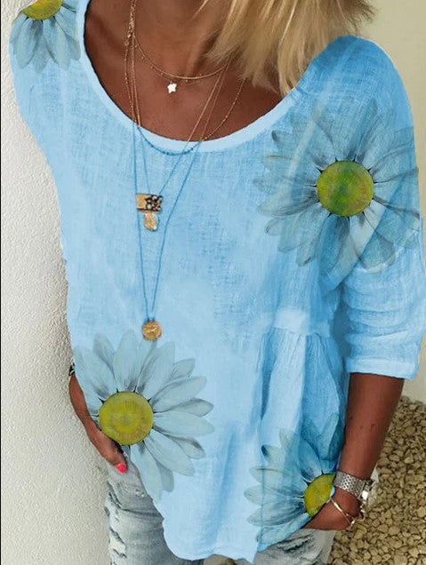 T-shirt col rond manches sept-quarts imprimé chrysanthème pour femme m300893 