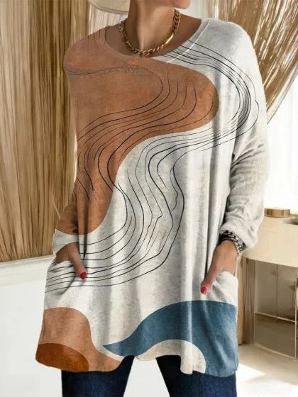 3D printed women's new medium and long pocket round neck pullover fashion T-shirt m303192