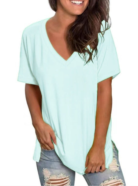 Solid V-Neckline Short Sleeve T-shirts m161509953 (5828120)