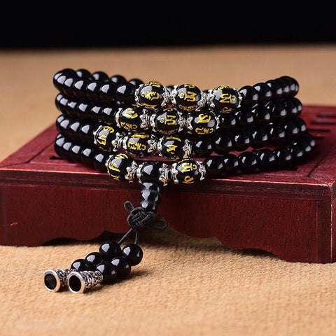 Obsidian bracelet 108 Buddha beads multi-circle bracelet six-character mantra m3331229