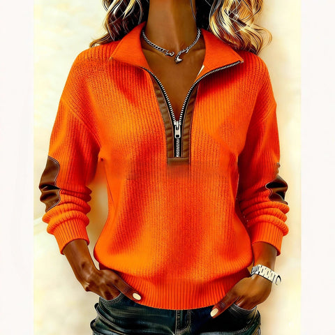 Long-sleeved semi-cardigan zipper sweater casual retro color matching long-sleeved stand-up collar top FF303410