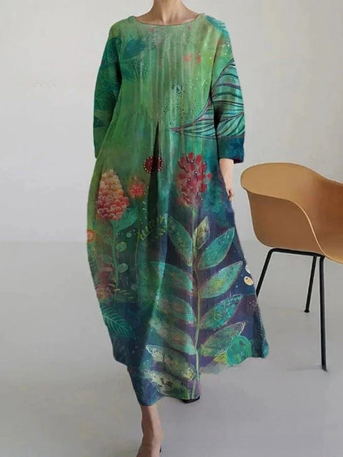 Women's loose crew neck fashion high-end long-sleeved printed dress m301049