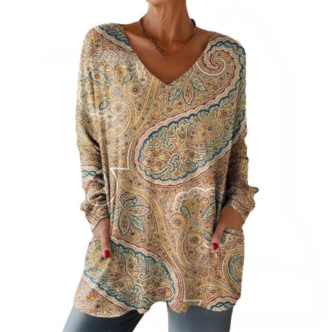 Women's new medium and long pocket V-neck pullover fashion casual T-shirt m302270