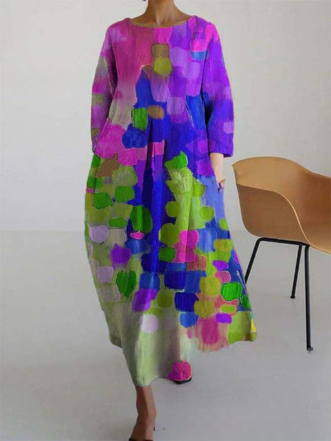 Women's loose crew neck fashion high-end long-sleeved printed dress m301049