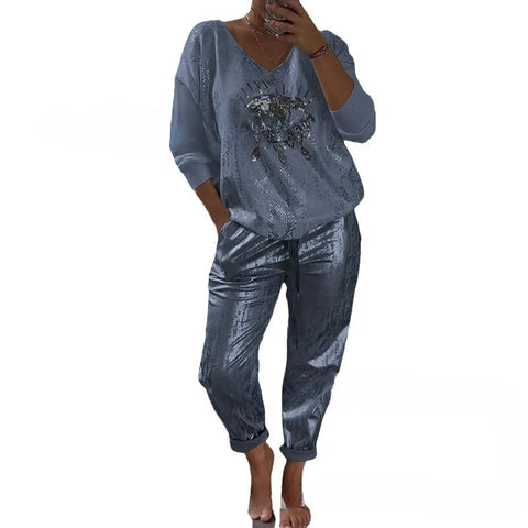 Women's Long Sleeve Printed Top Pants Set of Two M302301