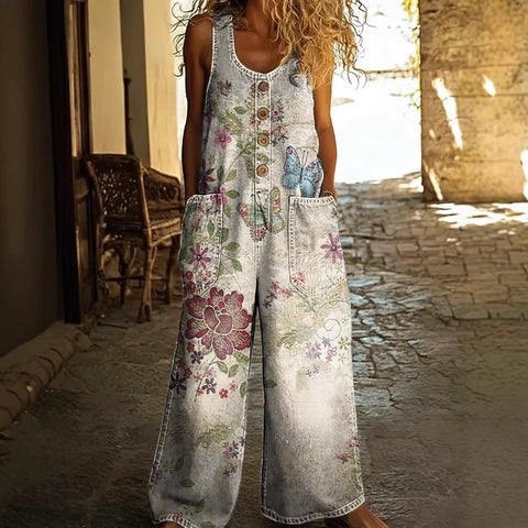 Retro trend wide-leg pants overalls women's sleeveless imitation denim m302436