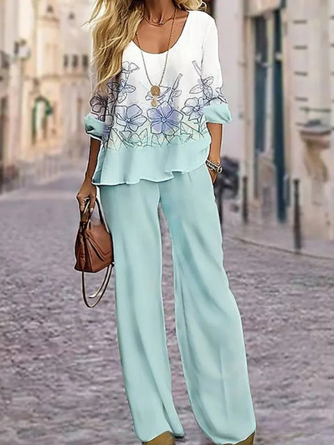 Women's five-quarter-sleeved crew neck top plus trousers printed women's suit m301239