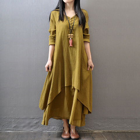 Spring and Autumn Break two-piece long dress literary pendulum linen dress loose long-sleeved cotton and linen skirt m302057