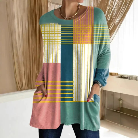 3D printed women's new medium and long pocket round neck pullover fashion T-shirt m303192