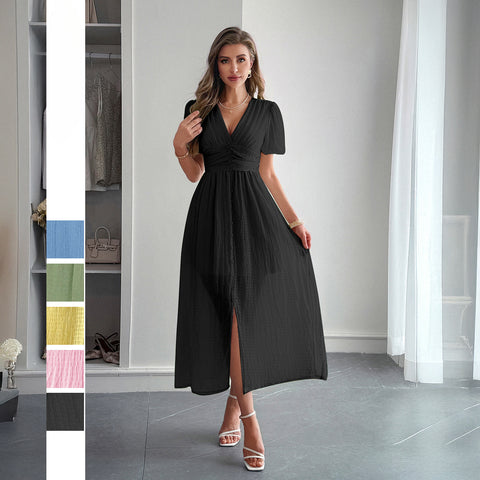 Robe longue à manches courtes et décolleté plongeant en V, style vacances, m301395 