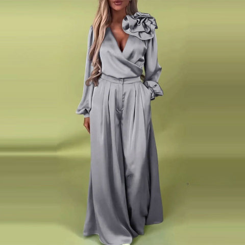 Women's Luxury Elegant V-Neck Satin Long Sleeve Top Wide Leg Pants Set m302297
