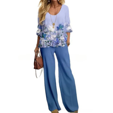 Women's five-quarter-sleeved crew neck top plus trousers printed women's suit m301239
