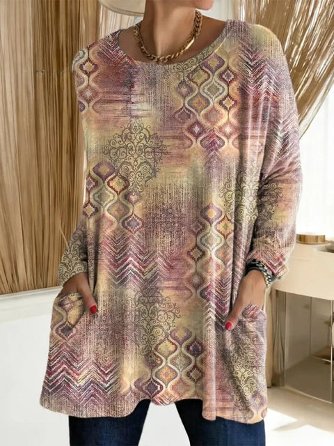 3D printed women's new medium and long pocket round neck pullover fashion T-shirt m303192