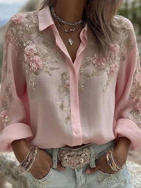 Flower lapel long-sleeved button-down women's shirt m303076