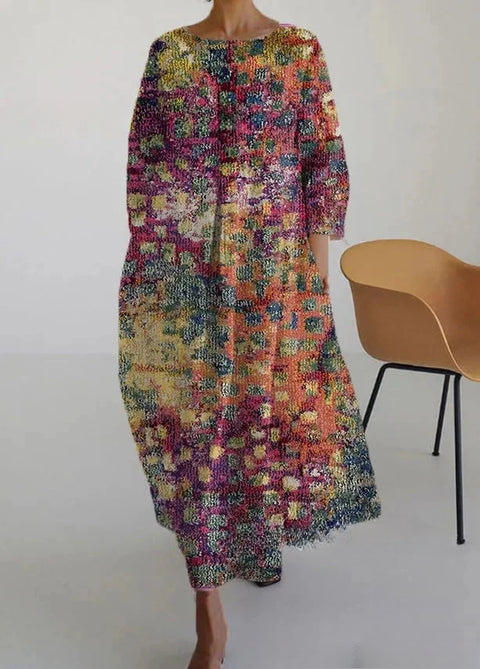 Women's loose crew neck fashion high-end long-sleeved printed dress m301049