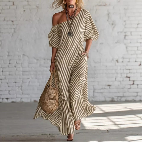 Summer new printing elegant classic striped off-the-shoulder dress m302357