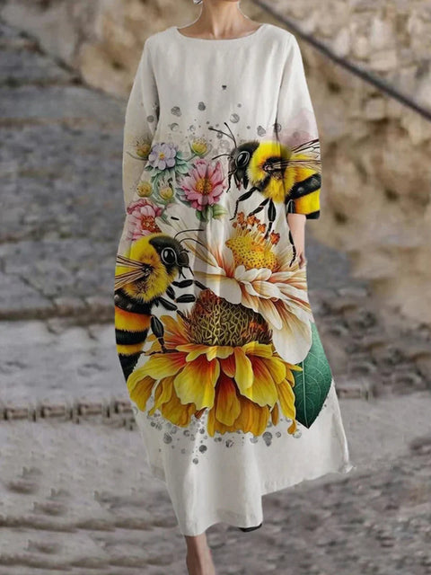 Women's loose crew neck fashion high-end long-sleeved printed dress m301049