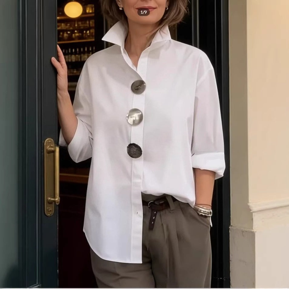 Summer new solid color stand-up collar metal button-down long-sleeved ...