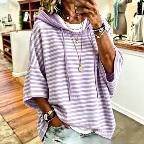 Pull à capuche ample et décontracté rayé imprimé 3D pour femme m303000