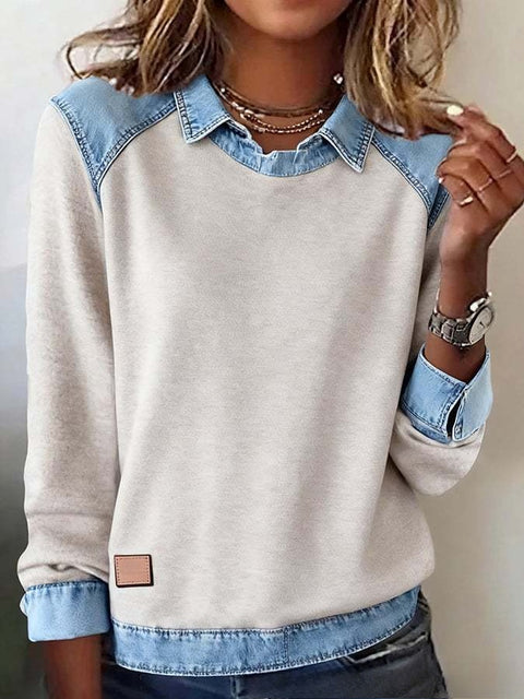 Denim collar long sleeves pullover spliced knitted sweater top m302161