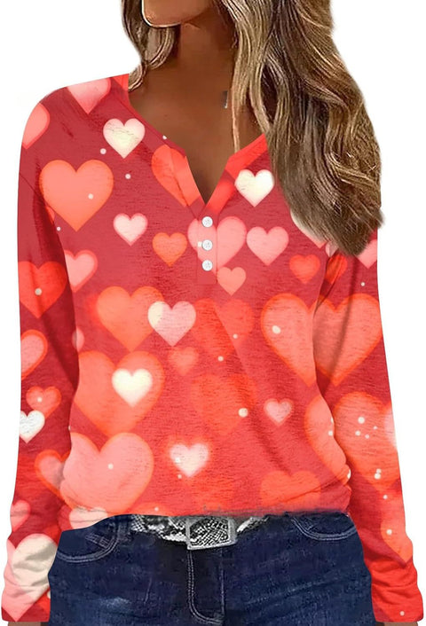 T-shirt imprimé col V à manches longues et trois boutons m300618 