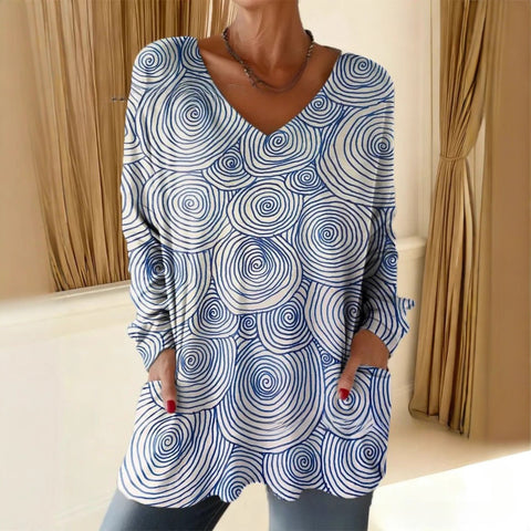 Women's new medium and long pocket V-neck pullover fashion casual T-shirt m302270