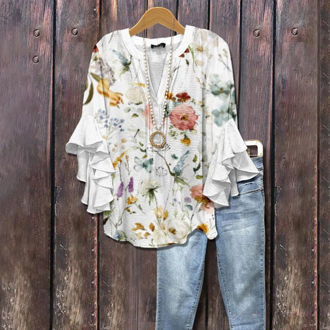 V-neck lotus edge T-shirt loose print women's T-shirt m301353