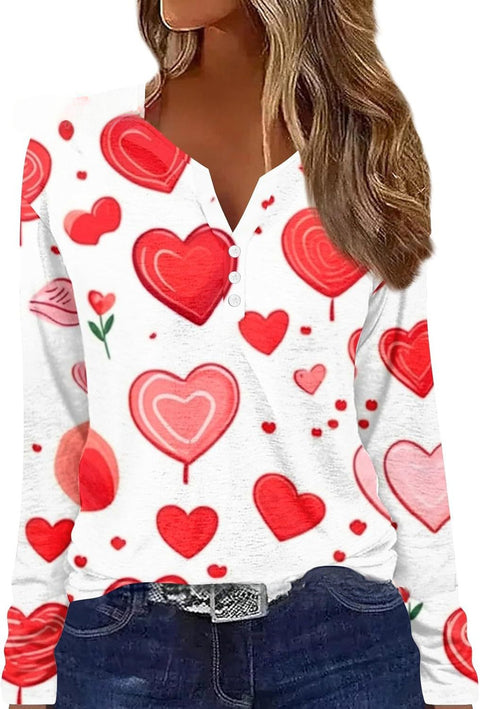 T-shirt imprimé col V à manches longues et trois boutons m300618 