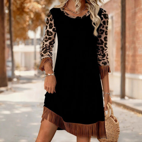 Dress creative retro print comfortable soft round neck slim fringed skirt m302220