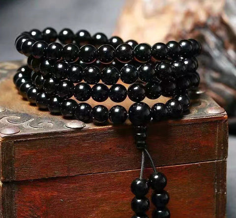 Ebenholz-Schwarz-Obsidian-Armband 108 Perlen Armband 6-12mm m3331282