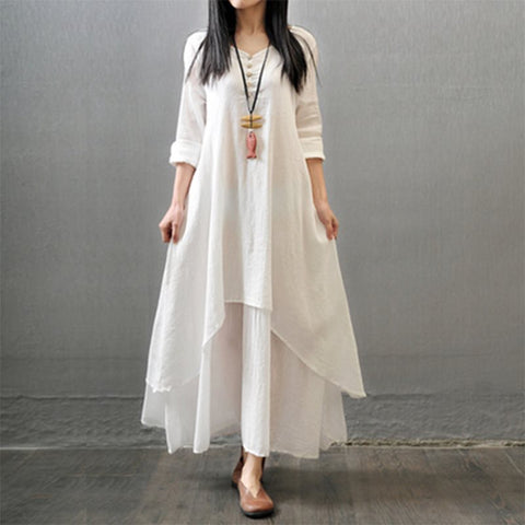 Spring and Autumn Break two-piece long dress literary pendulum linen dress loose long-sleeved cotton and linen skirt m302057