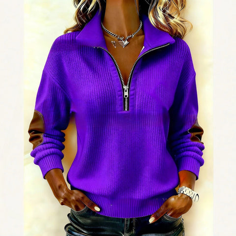 Long-sleeved semi-cardigan zipper sweater casual retro color matching long-sleeved stand-up collar top FF303410