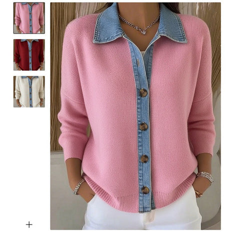 Unique denim splicing collar cardigan women's spring sweater small shirt slim long-sleeved top m302110