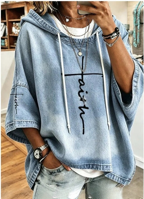 Autumn new women's print hooded long-sleeved drawstring sweater m303207